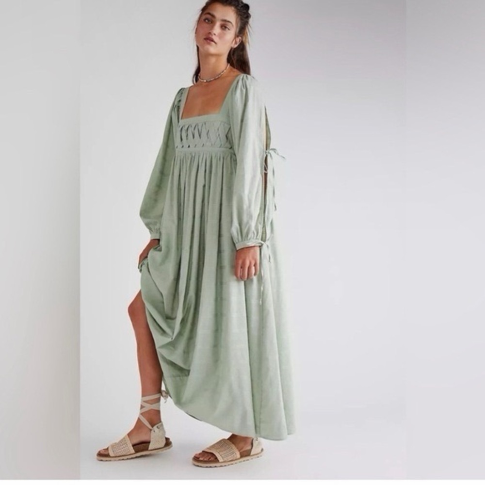 Free People dreamweaver Pistachio Square-Neck Smocked Maxi Dress